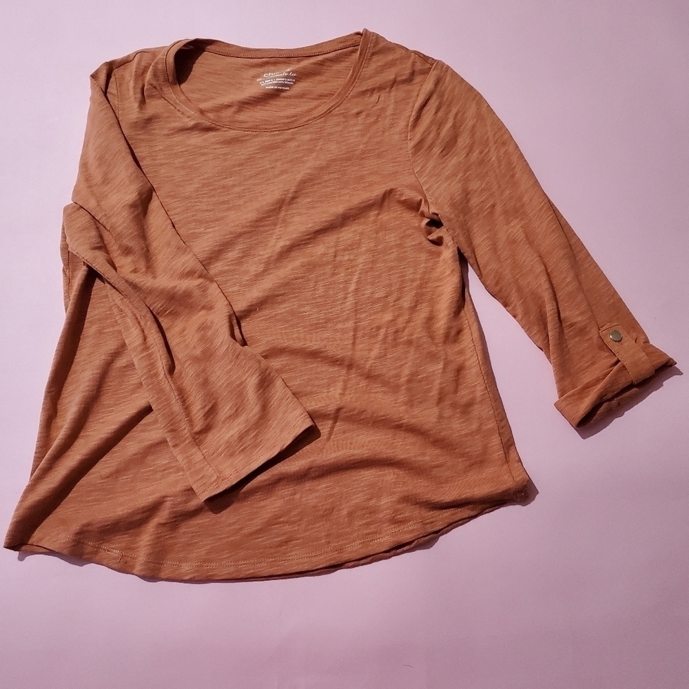 Chicos The Ultimate Tee Burnt Pumpkin Orange Adjustabke Sleeves - Picture 1 of 8